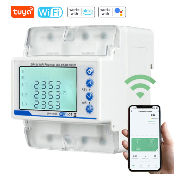 Tuya WiFi 3P4W Photovoltaic Meter Three Phase Reclosure Switch Intelligent Reclosing Protector LCD Display Overload Overvoltage Undervoltage Current Limiting Circuit Breaker Phase Lost