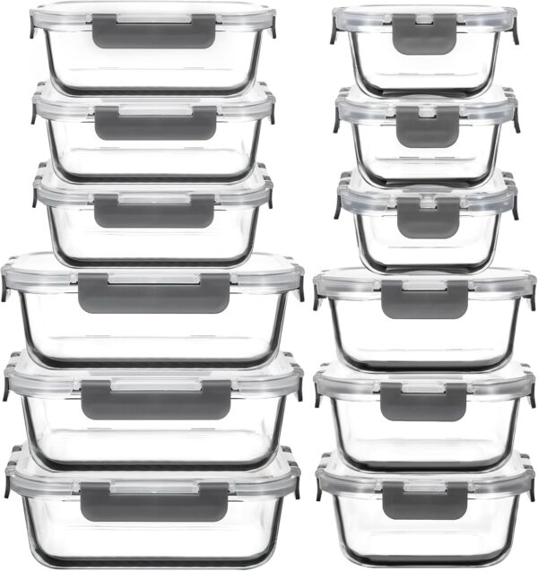 12 Pack Glass Food Storage Containers with Lids, Glass Meal Prep Containers Set with Leak Proof Lids, Airtight Lunch Container for Kitchen, Microwave, Oven, Freezer, Dishwasher Safe, Bpa free