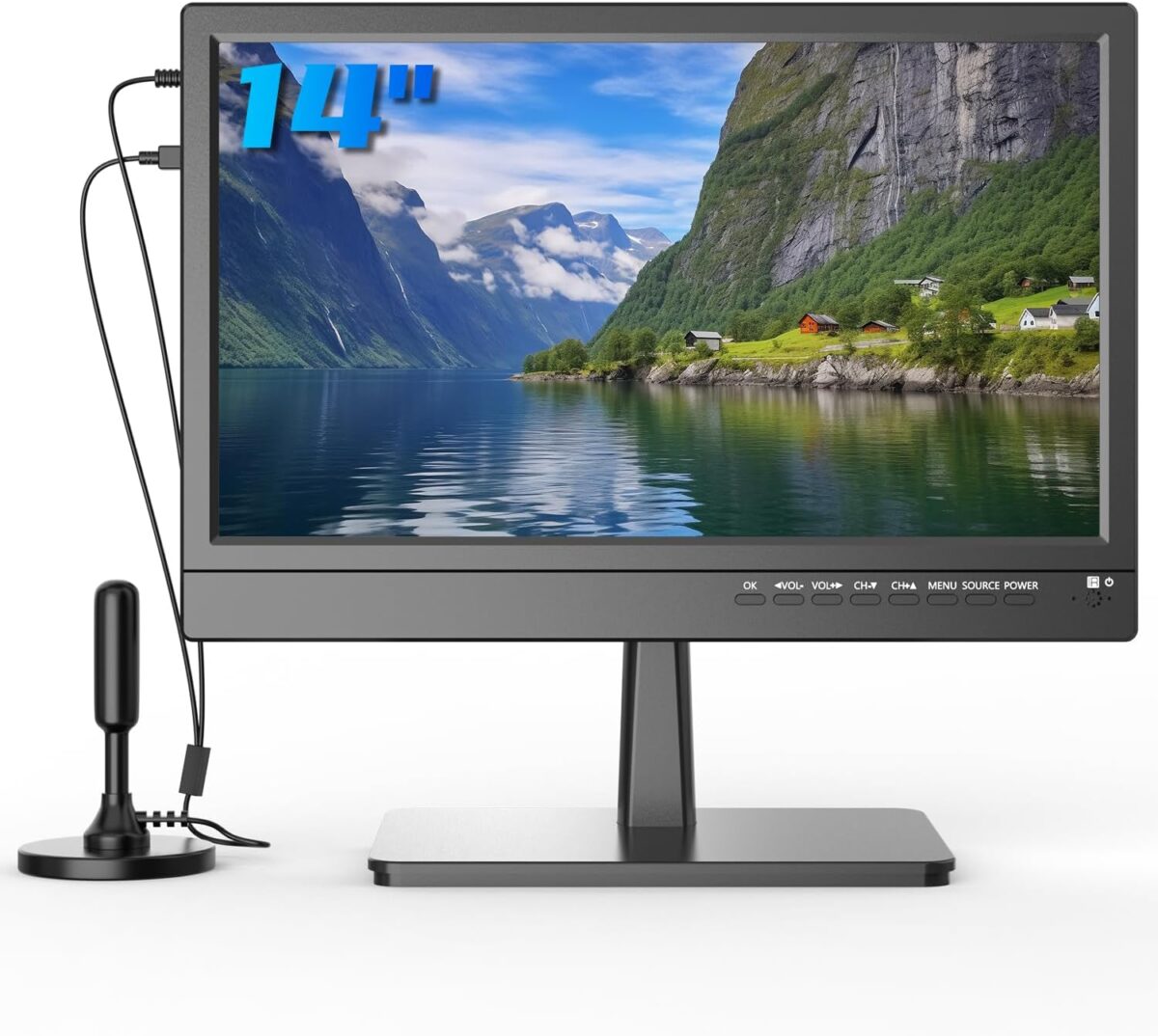14 inch Small Flat Screen Kitchen TV with ATSC Tuner/USB/HDMI/AV/VGA, Built-in TV Stand and Remote Control for Bedroom,RV,Camping,Outdoor or Office