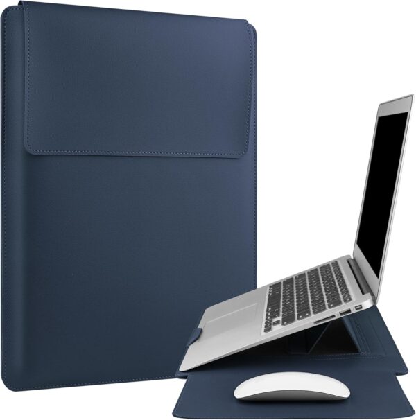 15 16 Inch Laptop Sleeve Case Compatible with Mac Book Pro 16 2021 & 2019/15.4” Mac Book Pro 15 Waterproof Leather Adjustable Stand More 15”-16” HP ASUS Acer Surface,Sleeve Pouch,Blue