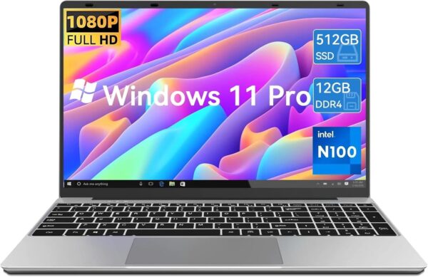15.6 inch Laptop,12th Alder Lake N100 (3.4GHz) processor,12GB RAM 512GB SSD, 2K IPS FHD Screen Laptops, Dual-Band WIFI, Webcam,Full Function Type-C,Extra Large Touchpad,Large Capacity Battery
