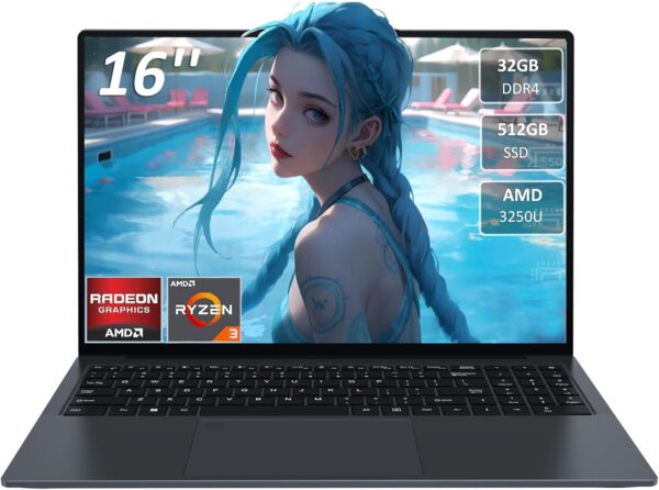 16” Laptop Business and Student Laptop, AMD Ryzen 3250U, 32GB RAM, 512GB SSD,Dual-Band 5G WiFi,1MP Camera 4.2 Bluetooth, HDMI Webcam Backlit Keyboard