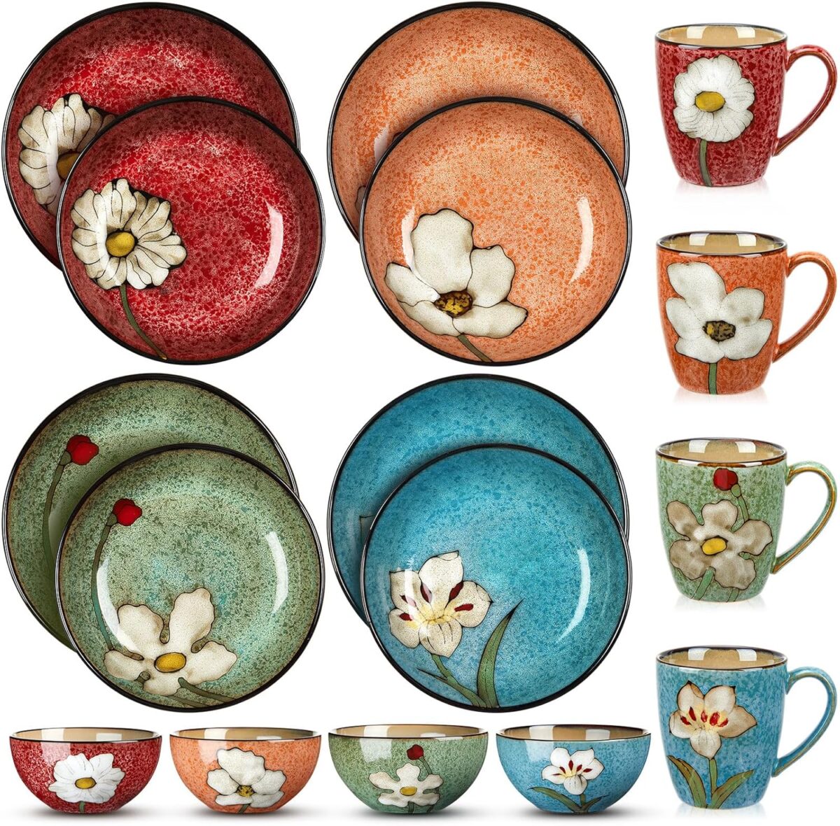 16 Pcs Dinnerware Set Reusable Kitchen Bowls Plates and Mugs Set Ceramic Bowls Deep Plates Coffee Mugs Dishwasher, Microwave, Oven Safe for Breakfast Lunch Dinner Tea Party, Service for 4
