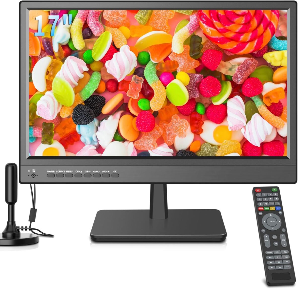17 inch TV,Small HD Widescreen LED with Antenna,Digital ATSC Tuner-Free HD Local Channels,HDMI VGA USB Port,12 Volt Charger Cable/AC Power TV for Camping,Caravan and Kitchen