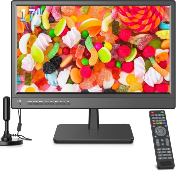 17 inch TV,Small HD Widescreen LED with Antenna,Digital ATSC Tuner-Free HD Local Channels,HDMI VGA USB Port,12 Volt Charger Cable/AC Power TV for Camping,Caravan and Kitchen