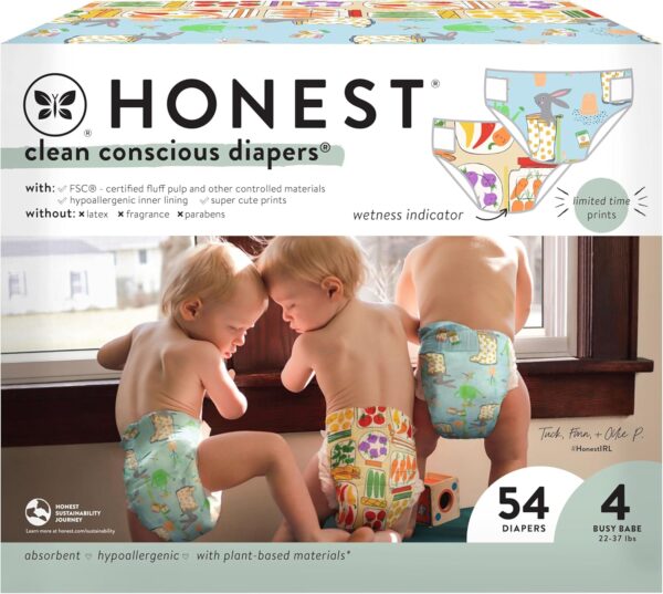 The Honest Company Clean Conscious Diapers for Sensitive Skin | Hypoallergenic, Fragrance Free | Spring ’25 Limited Edition Prints | Club Box, Size 4 (22-37 lbs), 54 Count