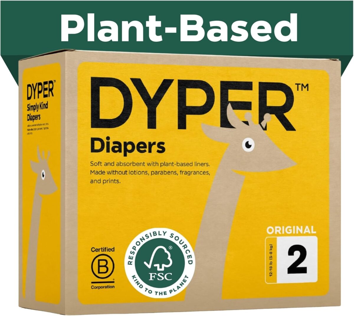 DYPER – Baby Diapers Hypoallergenic Cloth Alternative Day & Overnight Protection – Made with Plant-Based* & Honest Ingredients – Size 2 (192 Count)