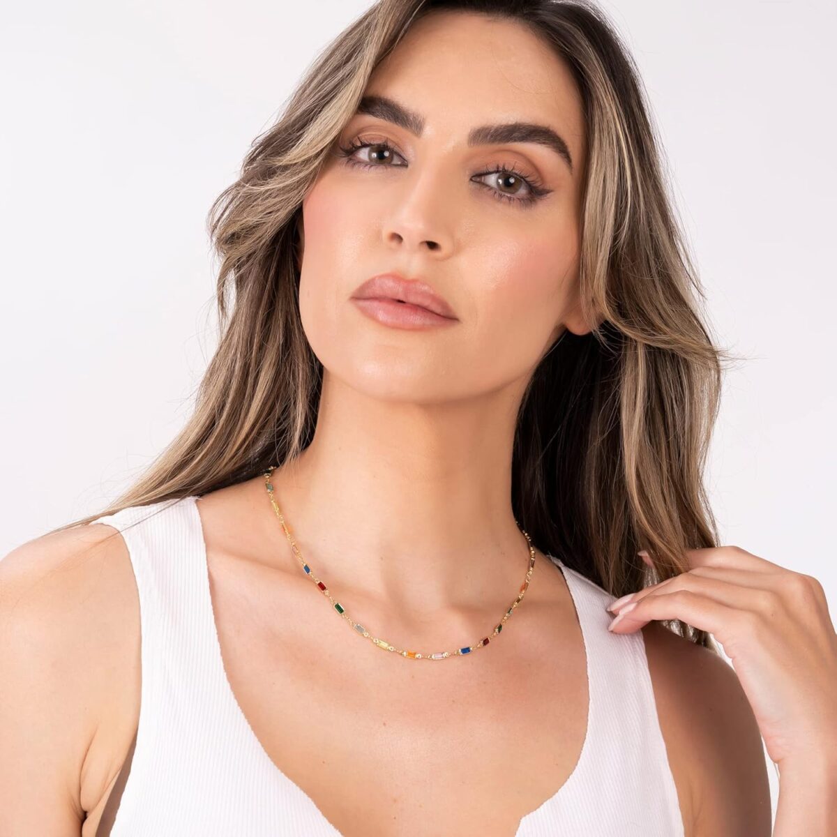 1749414075 Barzel 18K Gold Plated Multi Stone Crystal Baguette Necklace for Women Made In Brazil Barzel 18K Gold Plated Multi Stone Crystal Baguette Necklace for Women - Made In Brazil