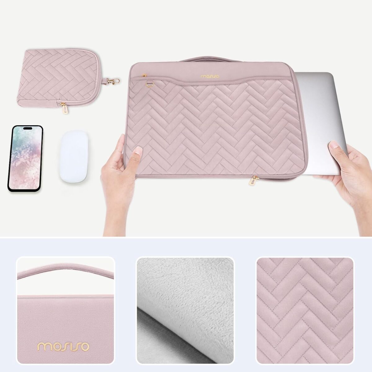 1749547066 MOSISO 13 14 inch 360 Protective Laptop Case 13.3 inch Laptop Sleeve Compatible with MacBook AirPro 13 13.6Pro 14 HP Dell ASUS Rectangle Quilted Bag with HandlePocketSmall Case Pink MOSISO 13-14 inch 360 Protective Laptop Case, 13.3 inch Laptop Sleeve Compatible with MacBook Air/Pro 13 13.6/Pro 14, HP, Dell, ASUS, Rectangle Quilted Bag with Handle&Pocket&Small Case, Pink
