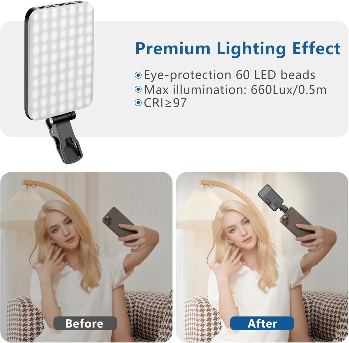 1749613209 60 LED Portable Selfie Light Video Conference Lighting with Clip Camera Tripod Adapter Rechargeable 2200mAh CRI 97 3 Light Modes for Phone iPhone Webcam Laptop Photo Makeup 60 LED Portable Selfie Light Video Conference Lighting with Clip & Camera Tripod Adapter Rechargeable 2200mAh CRI 97+, 3 Light Modes for Phone iPhone Webcam Laptop Photo Makeup