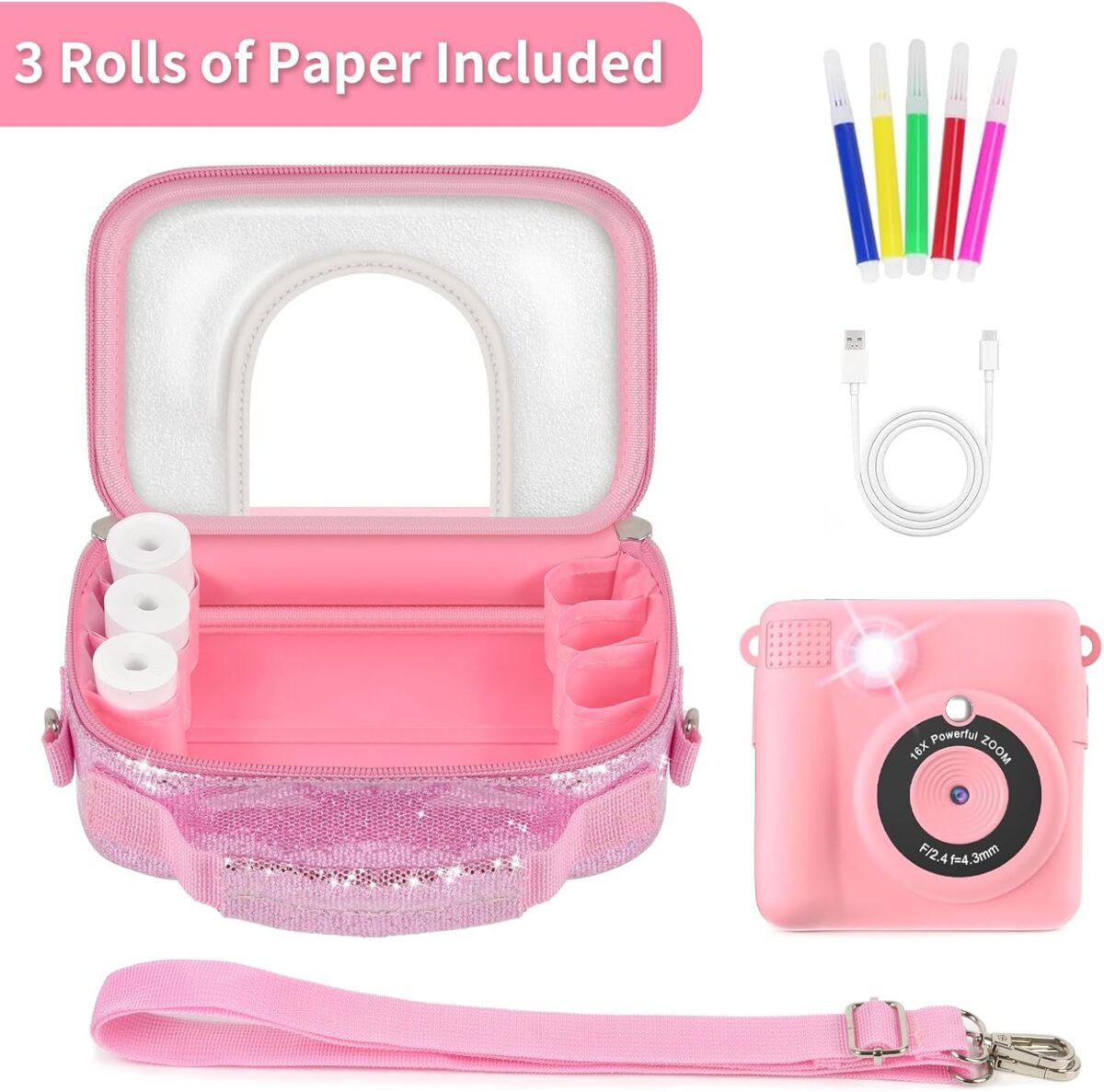 1749618681 Kid Instant Print Camera Case Compatible with ESOXOFFOREfor Dylantofor GKTZfor Masterbeefor Anchioo Digital Camera Portable Shining Bag with Shoulder Strap 3 Photo Paper Box Only Pink Kid Instant Print Camera Case Compatible with ESOXOFFORE/for Dylanto/for GKTZ/for Masterbee/for Anchioo Digital Camera, Portable Shining Bag with Shoulder Strap& 3 Photo Paper (Box Only) - Pink