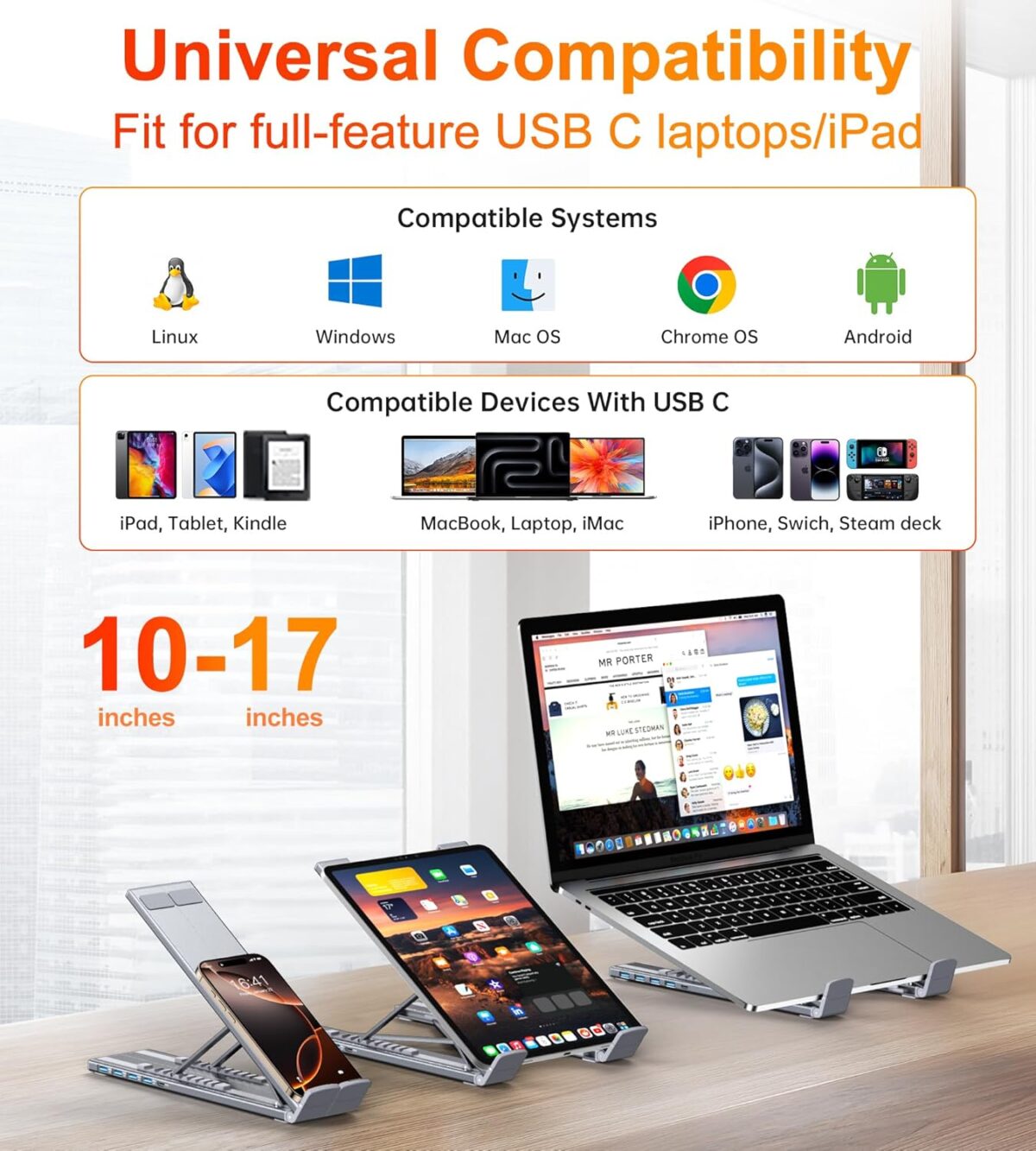 1749689679 5 in 1 USB C Hub Adjustable Aluminum Laptop Stand 4 Port USB A 3.0 with 5Gbps Data Transfer USB C Hub Docking Station Charging Not Supported for MacBookProAirDellHPLenovo 5-in-1 USB C Hub Adjustable Aluminum Laptop Stand, 4-Port USB A 3.0 with 5Gbps Data Transfer USB C Hub Docking Station [Charging Not Supported] for MacBookPro/Air/Dell/HP/Lenovo