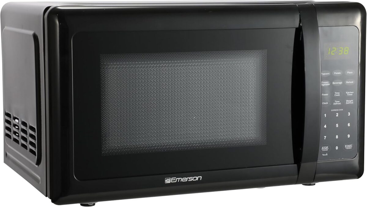 1749689906 Emerson MW7302B Compact Countertop Microwave Oven with Touch Control LED Display 700W 10 Power Levels 6 Auto Menus Glass Turntable and Child Safe Lock 0.7 Cu. Ft. Black Emerson MW7302B Compact Countertop Microwave Oven with Touch Control, LED Display, 700W, 10 Power Levels, 6 Auto Menus, Glass Turntable and Child Safe Lock, 0.7 Cu., Ft. Black