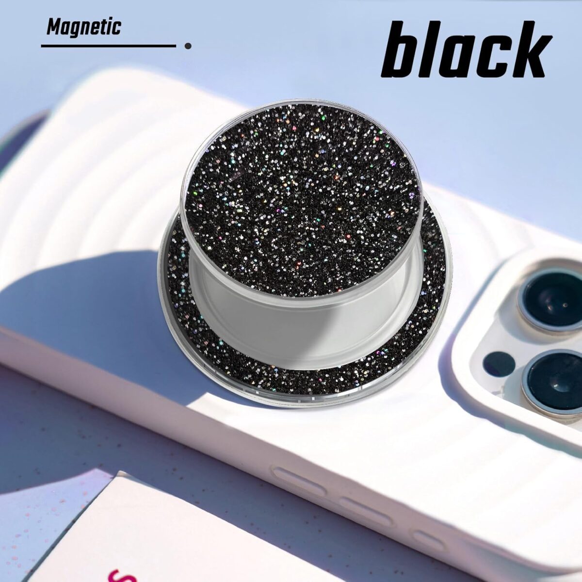 1749690073 Compatible with Magsafe Magnetic Black Glitter and Transparent Design Collapsible Mobile Phone Grip Stand Holder for Smartphone Cell Phone Accessory Compatible with Magsafe Magnetic Black Glitter and Transparent Design Collapsible Mobile Phone Grip Stand Holder for Smartphone Cell Phone Accessory