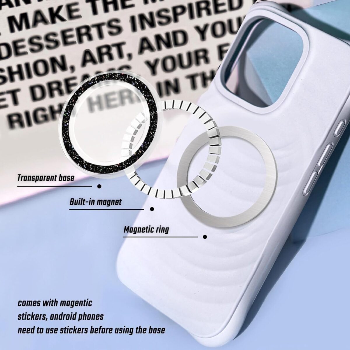 1749690075 Compatible with Magsafe Magnetic Black Glitter and Transparent Design Collapsible Mobile Phone Grip Stand Holder for Smartphone Cell Phone Accessory Compatible with Magsafe Magnetic Black Glitter and Transparent Design Collapsible Mobile Phone Grip Stand Holder for Smartphone Cell Phone Accessory