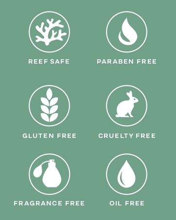 reef safe, paraben free, oil free, gluten free, fragrance free, cruelty free