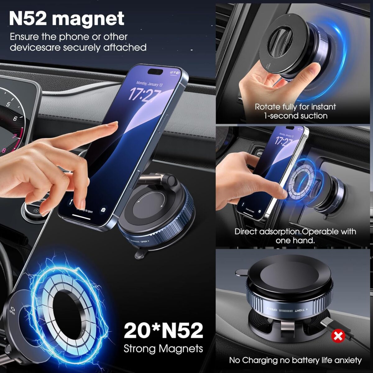 1749701361 Vacuum Magnetic Suction Phone Holder Foldable and Retractable Hands Free Suction Cup Phone Mount for CarGymMirrorSmooth Surface Compatible with iPhone Android and All Smartphones Black Vacuum Magnetic Suction Phone Holder, Foldable and Retractable Hands-Free Suction Cup Phone Mount for Car/Gym/Mirror/Smooth Surface, Compatible with iPhone Android and All Smartphones (Black)