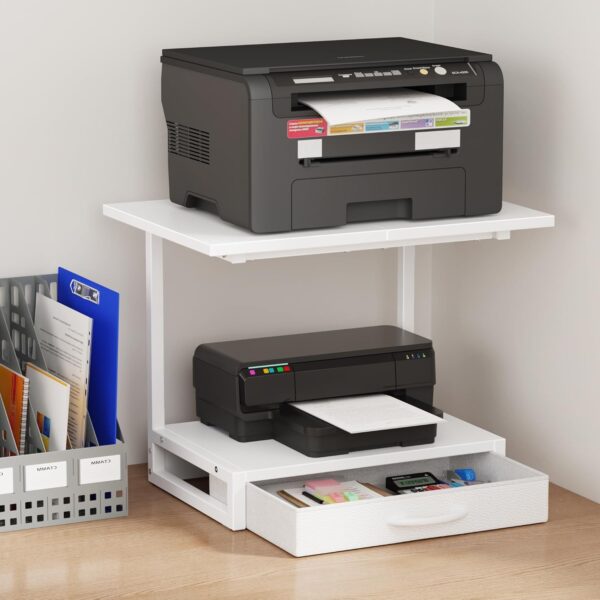 2-Tier Desktop Printer Stand with Fabric Drawer, Prtiner Table with Storage Shelf, Desk Organizer for Home Office,3D Printer,Fax Machine,Scanner, 19.6″x14.9″ White