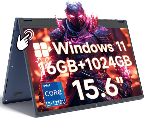 2 in 1 Laptop Convertible 15.6 Inch (16GB RAM, 1TB SSD), i3-1215U 6-Core Processor(Up to 4.4Ghz), FHD IPS Touch Screen Laptop Computer 360°, Bluetooth, WiFi 2.4G+5G, Webcam, USB 3.0, Type C