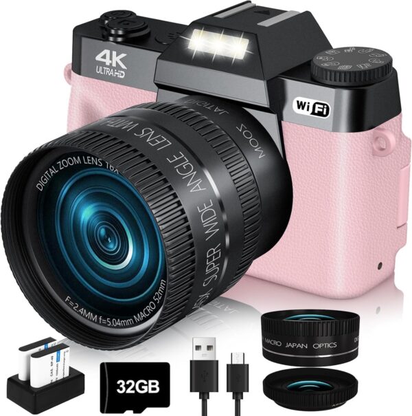 2024 Upgrade VJIANGER Digital Camera for Photography Vlogging Camera for YouTube with WiFi, 180° Flip Screen, 16X Digital Zoom, 52mm Lens, 2 Batteries, 32GB Micro SD Card(Pink)