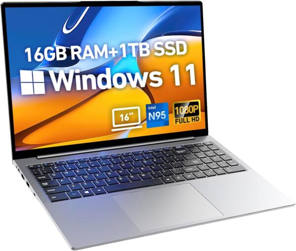 2025 Latest 16” Full HD Laptop Windows 11, 1TB SSD 16GB RAM, 12th Gen Intel N95 Processor(Max 3.4GHz), 8000mAh Battery, Backlit Keyboard, Fingerprint, Type-C, USB 3.2, HDMI, WiFi5, BT, TF Card Slot 2025 Latest 16” Full HD Laptop Windows 11, 1TB SSD 16GB RAM, 12th Gen Intel N95 Processor(Max 3.4GHz), 8000mAh Battery, Backlit Keyboard, Fingerprint, Type-C, USB 3.2, HDMI, WiFi5, BT, TF Card Slot