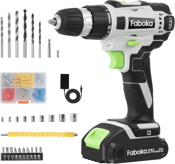 21V Cordless Drill Set, Power Drills Kit with 2.0Ah Battery and Charger, Electric Driver/Drill Bits, Max Torque 40Nm, 3/8-Inch Keyless Chuck, Variable Speed, with LED Light
