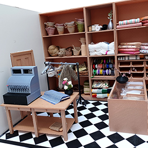 shop inner, cash register, shelving, display unit