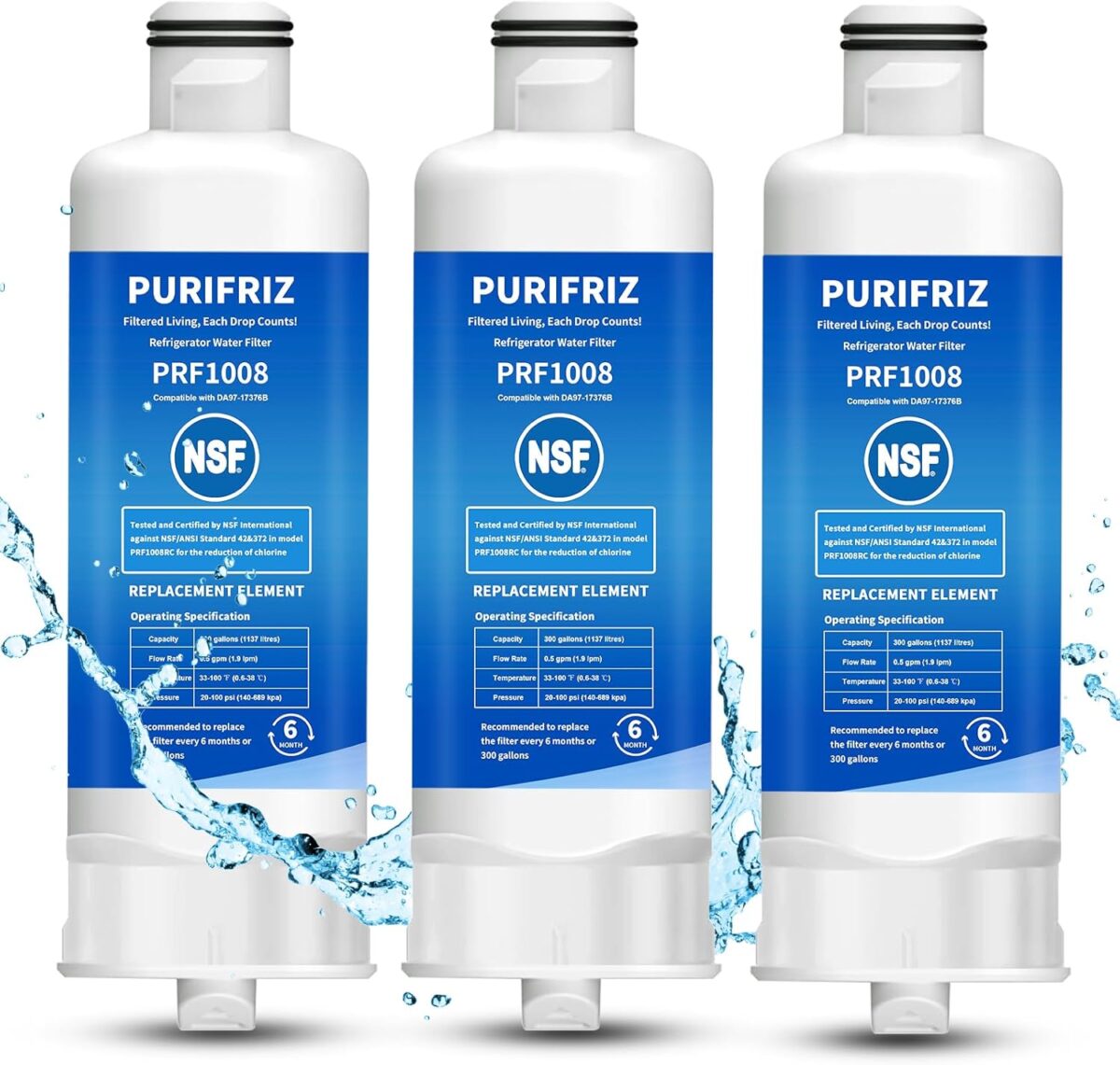 3 Pack DA97-17376B Refrigerator Water Filter Compatible with Samsung HAF-QIN/EXP, DA97-08006C, RF28R7201SR, RF28R7351SG, WD-F45, NSF/ANSI 42&372 Certified, 6 Month / 300 Gallon