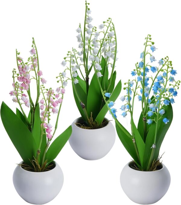3 Pack Small Fake Plants Artificial Convallaria Majalis Flowers in Pots – 11.2″ Realistic Mini Faux Plants for Home Office Bathroom Decor (White/Blue/Pink)