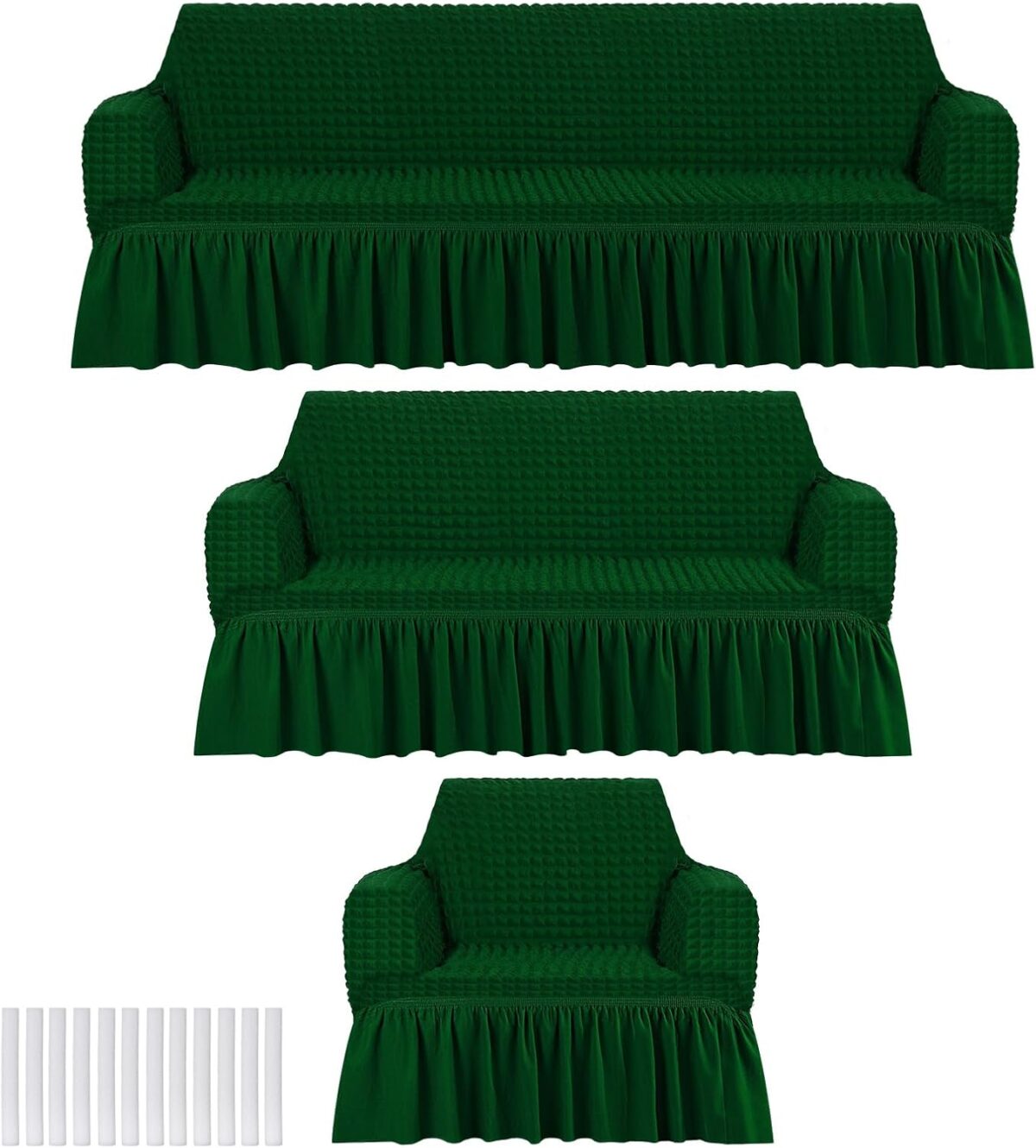 3 Pcs Sofa Slipcover Set for Couch Cushion Durable Washable High Elastic Stretchable Furniture Couch Covers with Skirt for Sofa Loveseat Arm Chair(Dark Green,Seersucker)