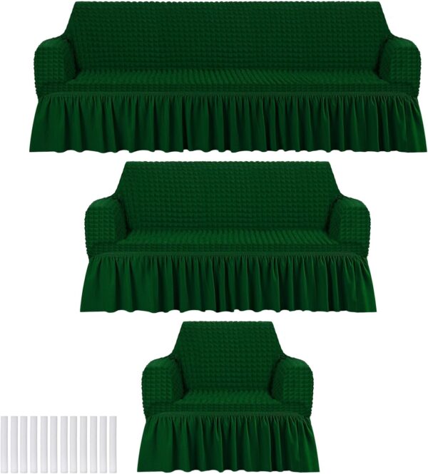 3 Pcs Sofa Slipcover Set for Couch Cushion Durable Washable High Elastic Stretchable Furniture Couch Covers with Skirt for Sofa Loveseat Arm Chair(Dark Green,Seersucker)