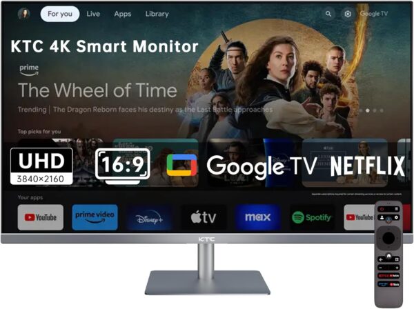 32 Inch 4K Smart Monitor, Google TV System UHD (3840x 2160) Smart TV with Speakers, Netflix Licensed, Type-C 65W PD, WirelessDisplay, HDR, Bluetooth, Hey Google Voice Remot, VESA Support, A32Q8