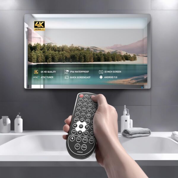 32-inch High-end Smart Bathroom Mirror TV – 4K Ultra HD, IP66 Waterproof, Android TV, Voice Remote Control, Built-in ATSC Tuner, HDMI (ARC), SPDIF, Upgrade Your Bathroom (Silver)
