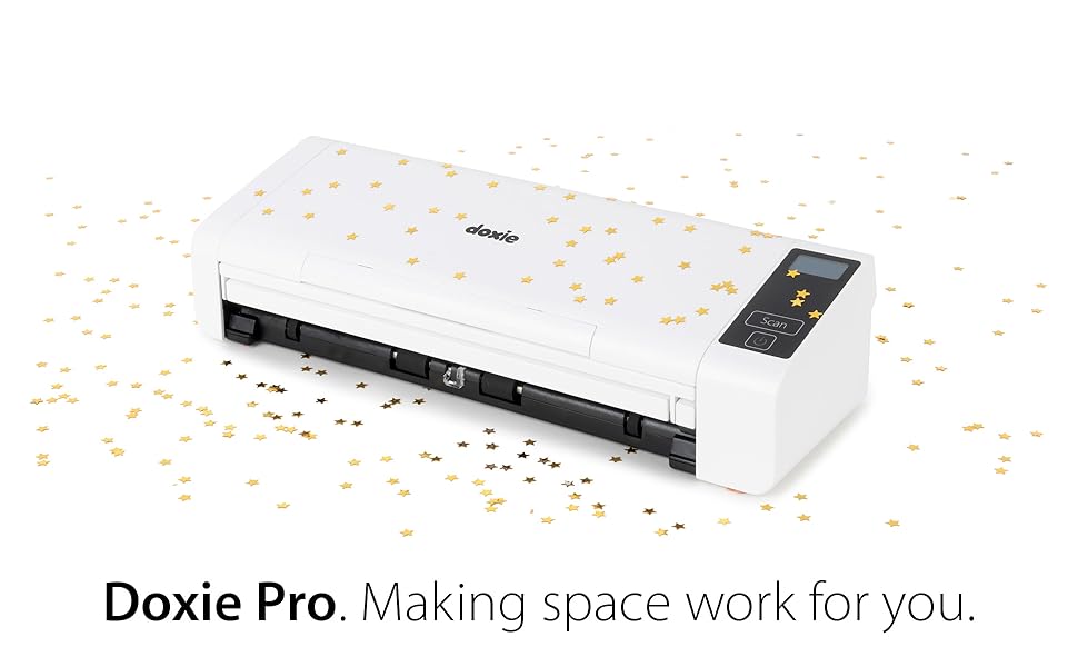 Doxie Pro, our fastest and most capable scanner yet, surrounded by golden star confetti