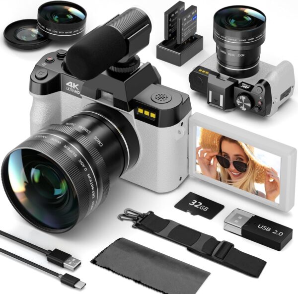 48MP Digital Cameras for Photography – 16X Zoom Travel Camera with 180° Flip Screen, 4K Vlogging Cameras Fotograficas for YouTube, Auto Focus, Macro Lens, 2 Batteries & 32GB SD Card（White）