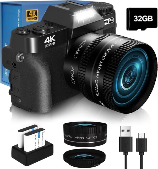 4K 56MP Digital Camera for Photography NIKICAM Vlogging Camera for YouTube with 180° Flip Screen, WiFi,16X Digital Zoom, 52mm Lens, 2 Batteries, 32GB Micro SD Card(Black)