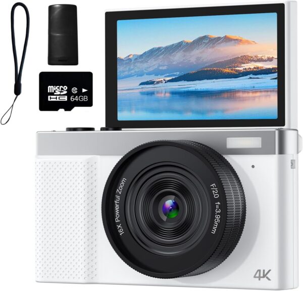 4K Digital Camera, 64MP Vlogging Camera for Photography with 3″ 180° Flip Screen, 16X Digital Zoom Point and Shoot Camara with 64GB SD Card for Beginner (White)