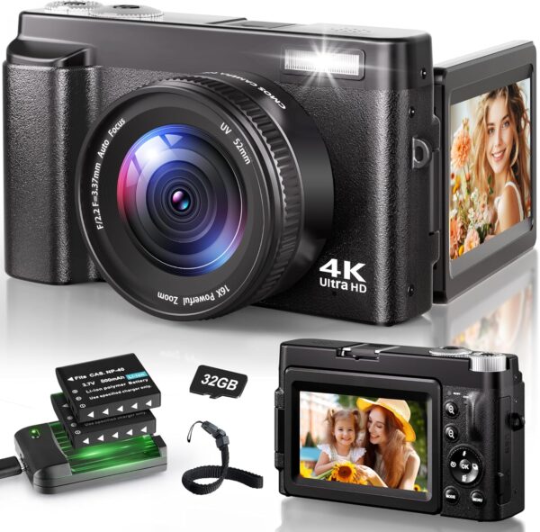 4K Digital Camera for Photography, 48MP Autofocus Vlogging Camera for YouTube with 3” 180°Flip Screen, 16X Digital Zoom Anti-Shake with SD Card, 2 Batteries & Charging Stand