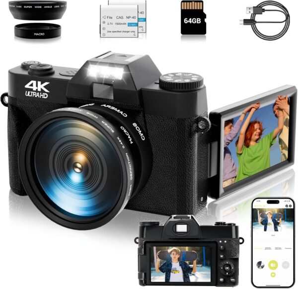 4K Digital Camera for Photography Autofocus 56MP 16X Digital Zoom with WiFi 3” 180° Flip Screen Vlogging YouTube Video Students Compact Cameras with 2 Batteries 64GB Micro SD Card (Black)