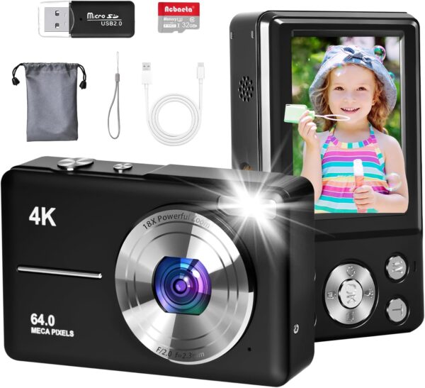 4K Digital Camera for Photography, Autofocus 64MP Vlogging Camera, 32GB TF Card, 2.8” LED Screen, 18X Zoom, Anti-Shake, Portable YouTube Point and Shoot Digital Cameras for Kids Teens Adult Beginner