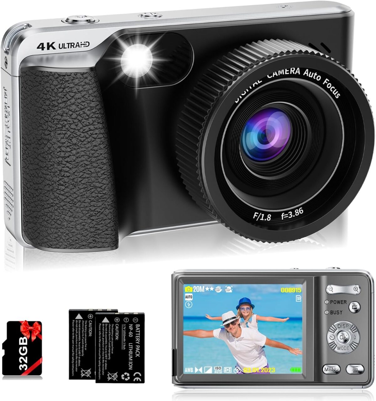 4K Digital Camera for Photography Autofocus,Macro Digital Camera for Kids with SD Card,48MP Vlogging Camera for YouTube with 18X Digital Zoom,Flash, Anti-Shake,2 Batteries