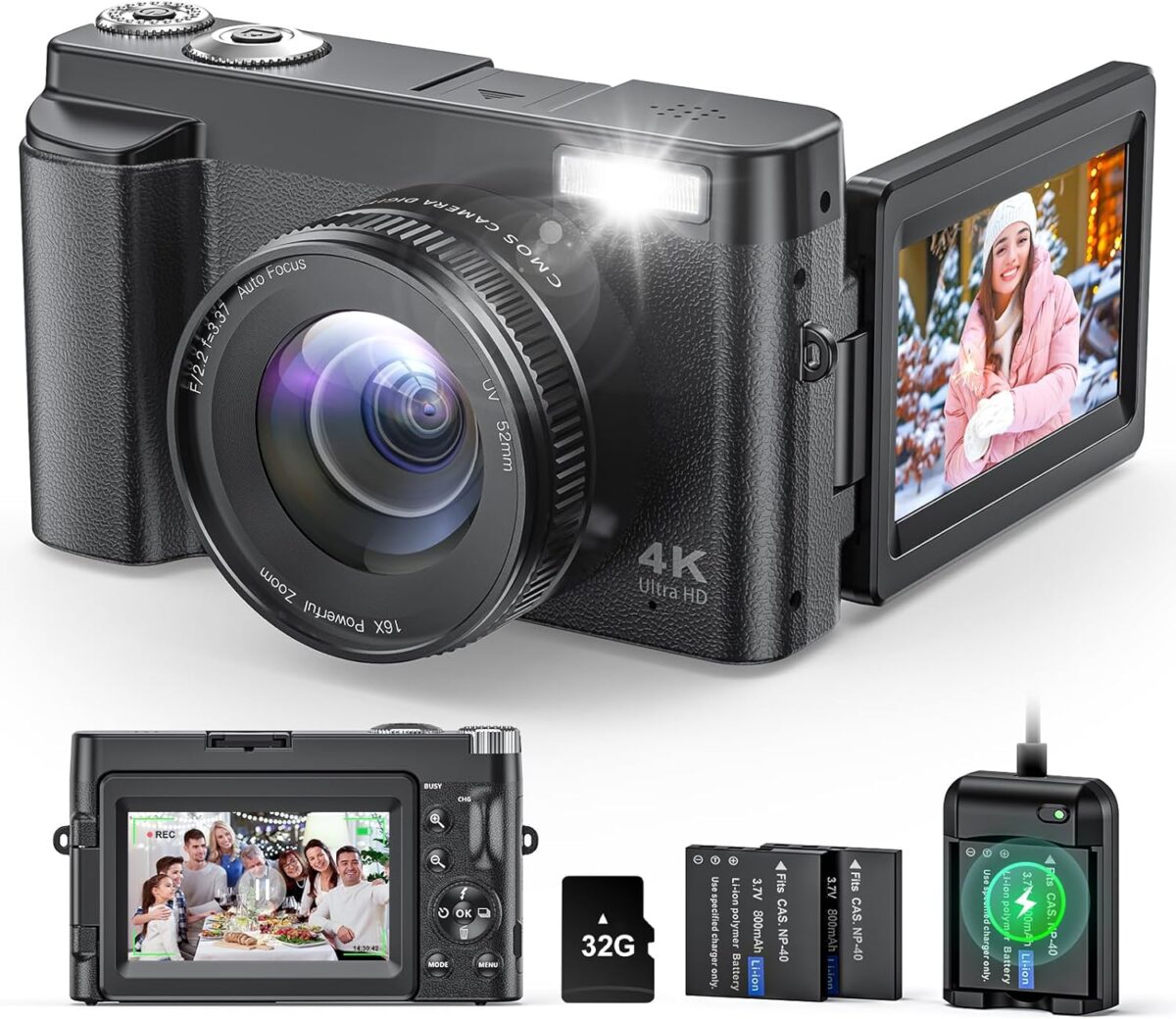 4K Digital Camera for Photography and Video, Autofocus Anti-Shake 48MP Vlogging Camera for YouTube, 3” 180°Flip Screen Camera with Flash 16X Zoom, Digital Camera with 32GB Card Battery Charger Black