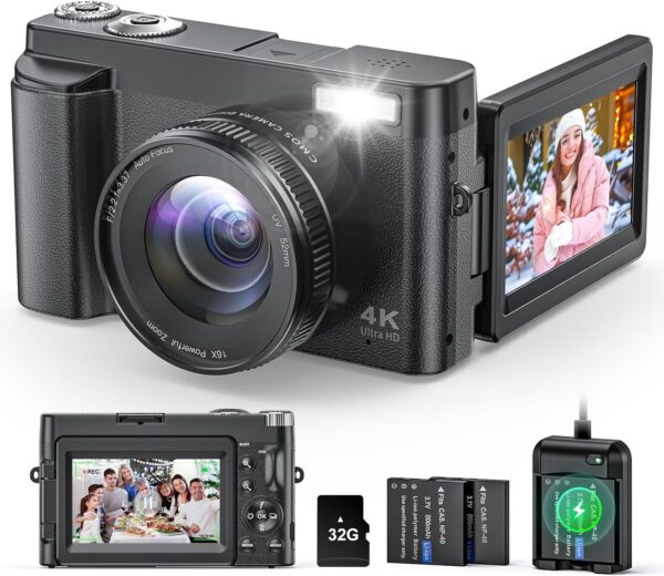4K Digital Camera for Photography and Video, Autofocus Anti-Shake 48MP Vlogging Camera for YouTube, 3” 180°Flip Screen Camera with Flash 16X Zoom, Digital Camera with 32GB Card Battery Charger Black