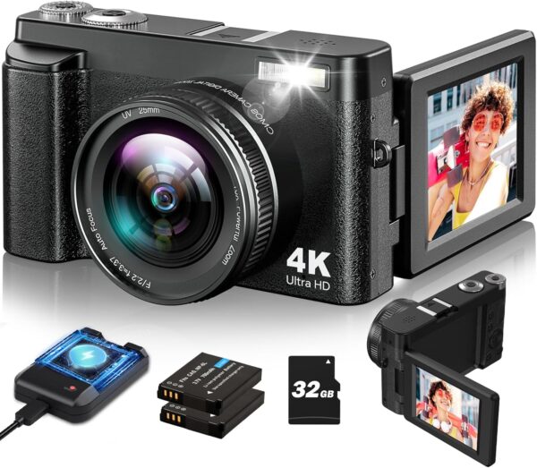 4K Digital Camera for Photography and Video, Autofocus Vlogging Camera with 180° Flip Screen 16X Zoom, 48MP Compact Camera with Flash, 32GB Card, 2 Batteries and Charger