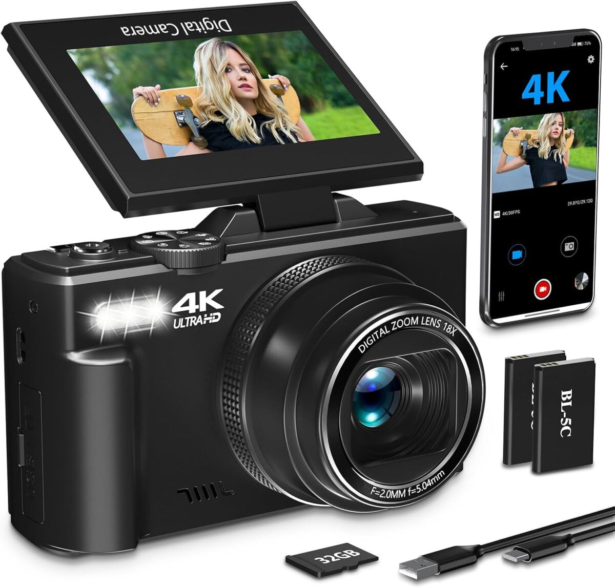 4K Digital Camera for Photography with 3″ 180°Flip Screen,64MP Vlogging Camera for YouTube, HD WiFi Compact Camera with Flash, 18X Digital Zoom, 32GB TF Card & 2 Batteries（Black）