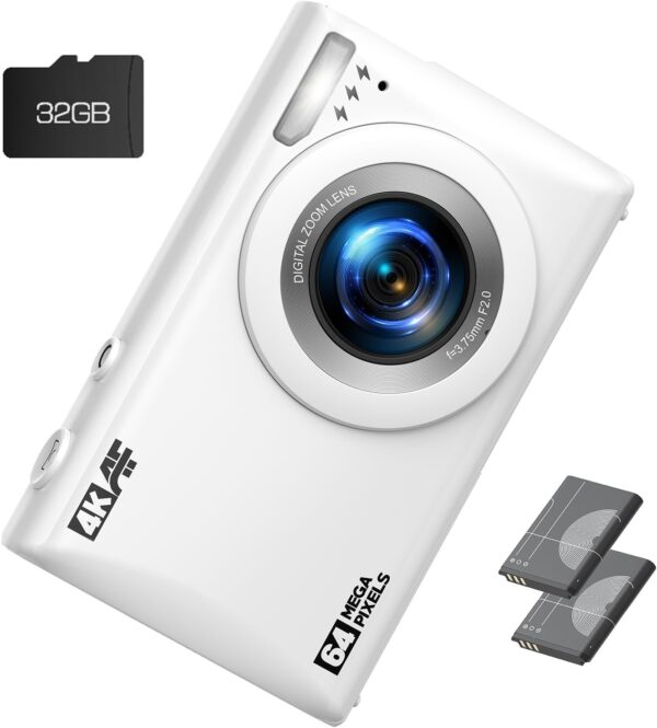 4K Digital Camera for Vlog 64MP Autofocus 32GB Card, Point and Shoot Digital Cameras with 18X Digital Zoom, 2 Batteries, Compact Travel Camera for Teens Boys Girls Kids White