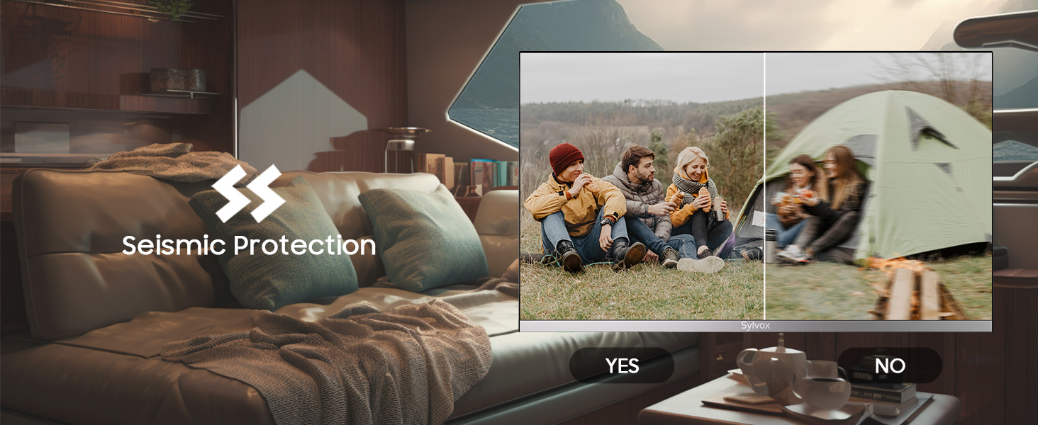 DC powered tv with seismic design Android tv voice control remote download apps