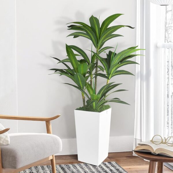 5FT Aritificial Dracaena Tree with White Tall Planter- Faux Tree Indoor with Fake Moss-Floor Plant with Natural Wood Trunk for Home Office Porch Living Room (White)