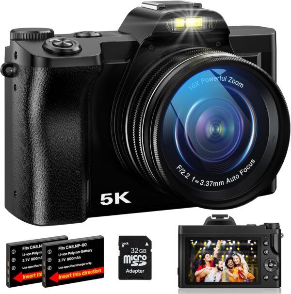 5K Digital Camera WiFi Autofocus Vlogging Camera for YouTube 48MP Camera for Photography and Video, 3.5″ Screen Travel Camera with UV Filter, Anti-Shake,16X Digital Zoom,32GB SD Card,2 Batteries