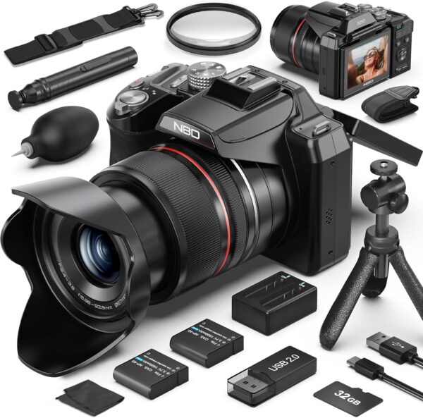 5K Digital Cameras for Photography – 64MP Vlogging Cameras for YouTube,16X Optical Zoom Travel Point and Shoot Digital Cameras Fotograficas with 180°Flip Screen,58mm UV Lens,2 Batteries